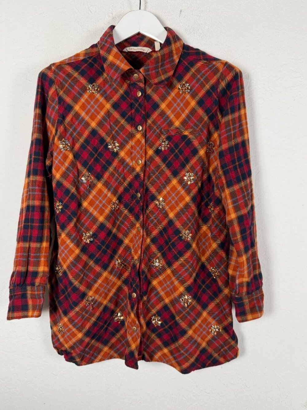 Soft Surroundings Embellished Plaid Shirt Womens PL Long Sleeve Button-Down Top